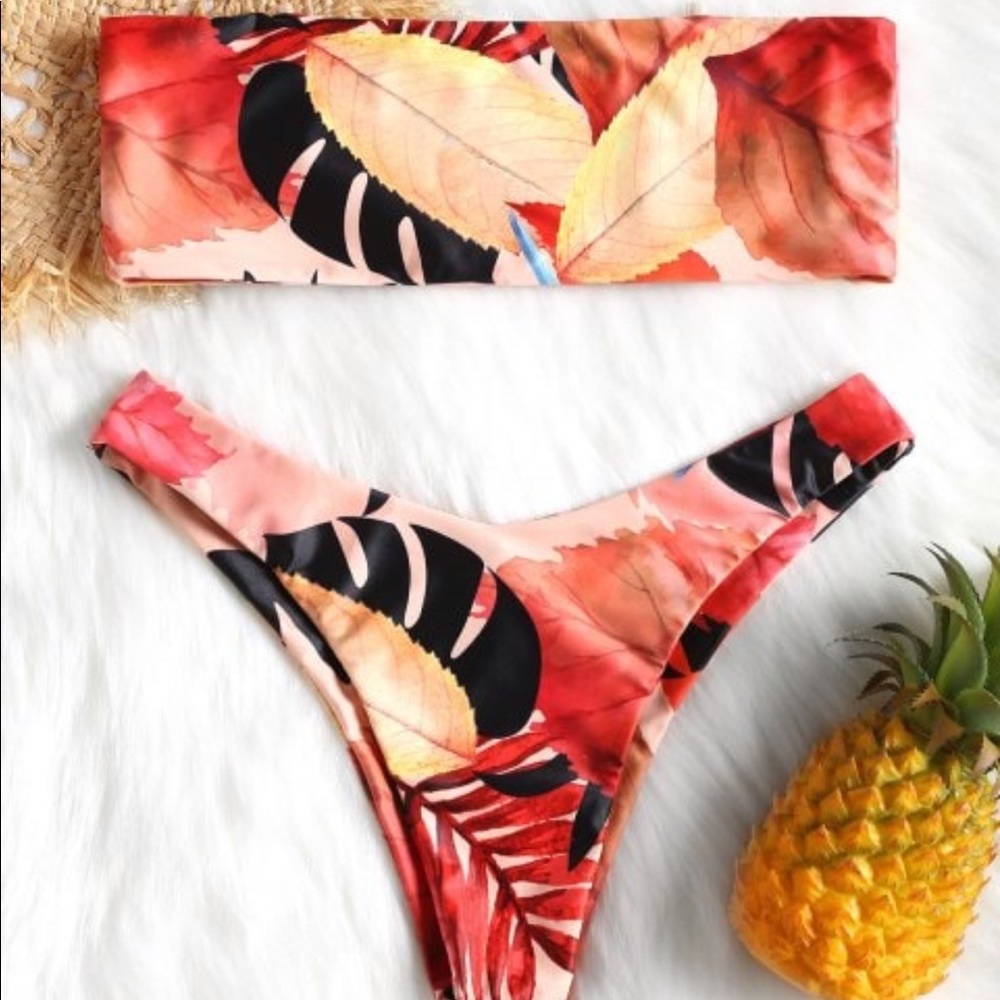 Leaf Print bandeau bikini set